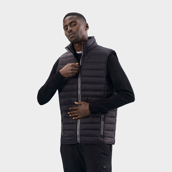 Model wearing a branded men's fitted bodywarmer