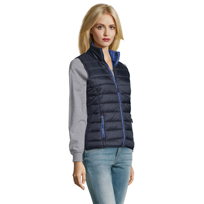 Branded women's fitted bodywarmer, side view