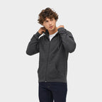 Model wearing a branded zip hoodie
