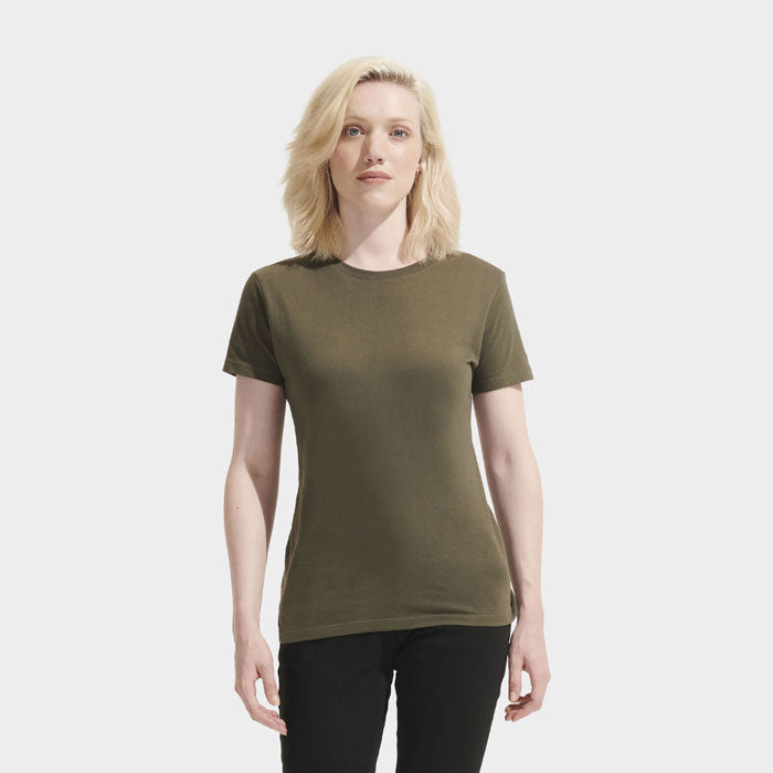 Model wearing a branded women's t-shirt