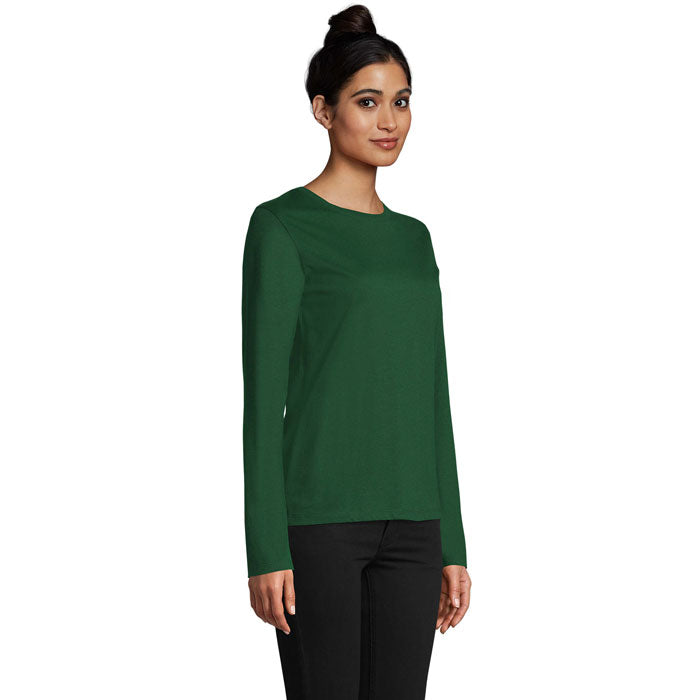 Green branded heavyweight long sleeve women's t-shirt, back view