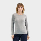 Model wearing a branded heavyweight long sleeve women's t-shirt