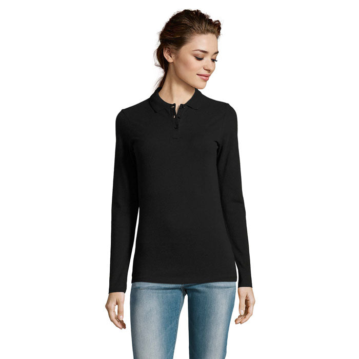 Branded Long Sleeve Women's Polo Shirt in Black