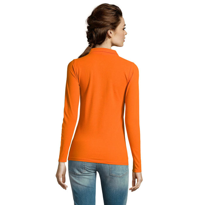 Orange long sleeve women's polo shirt, back view