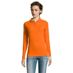 Orange long sleeve women's polo shirt, front view