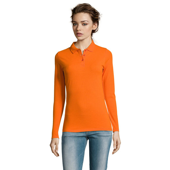 Orange long sleeve women's polo shirt, front view
