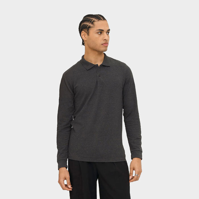 Model wearing a branded long sleeve men's polo shirt