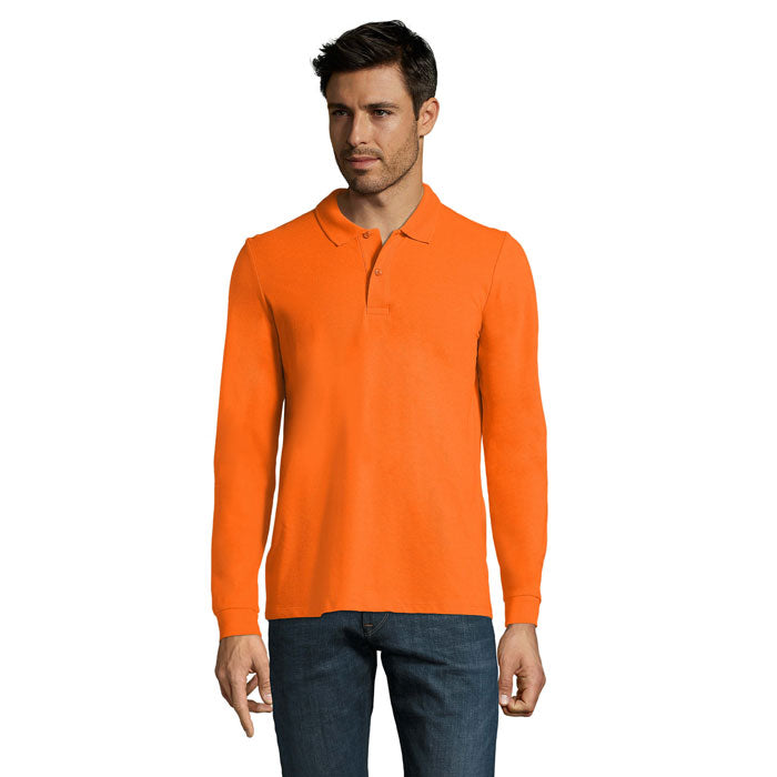 Branded Long Sleeve Men's Polo Shirt in Orange