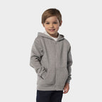 Model wearing a branded kids zip hoodie