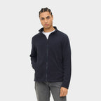 Model wearing a branded men's fleece jacket