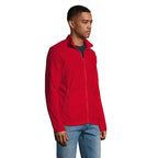 Branded men's fleece jacket, side view