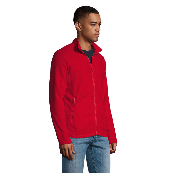 Branded men's fleece jacket, side view