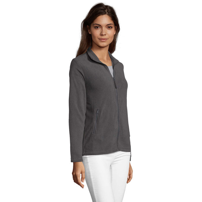 Branded women's fleece jacket, side view