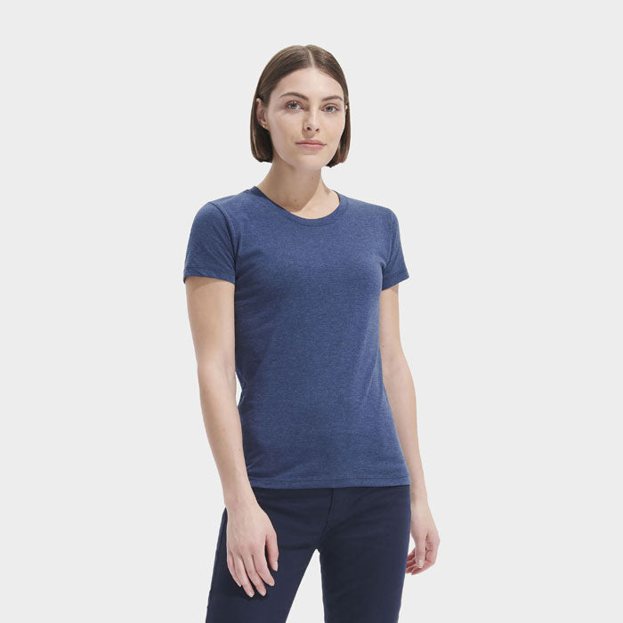 Model wearing a branded fitted women's t-shirt