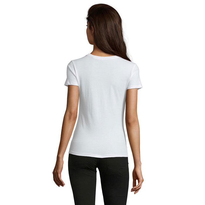 White branded fitted women's t-shirt, back view
