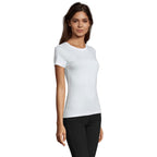 White branded fitted women's t-shirt, side view