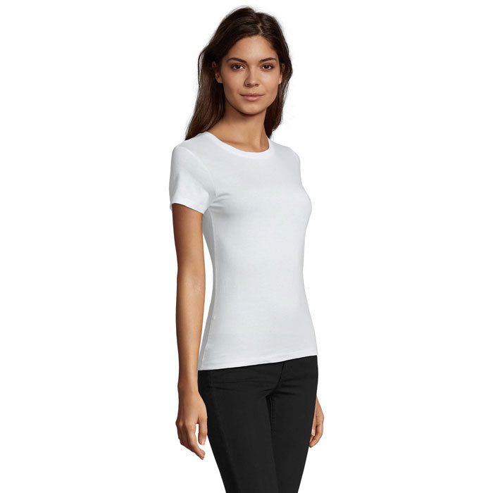 White branded fitted women's t-shirt, side view