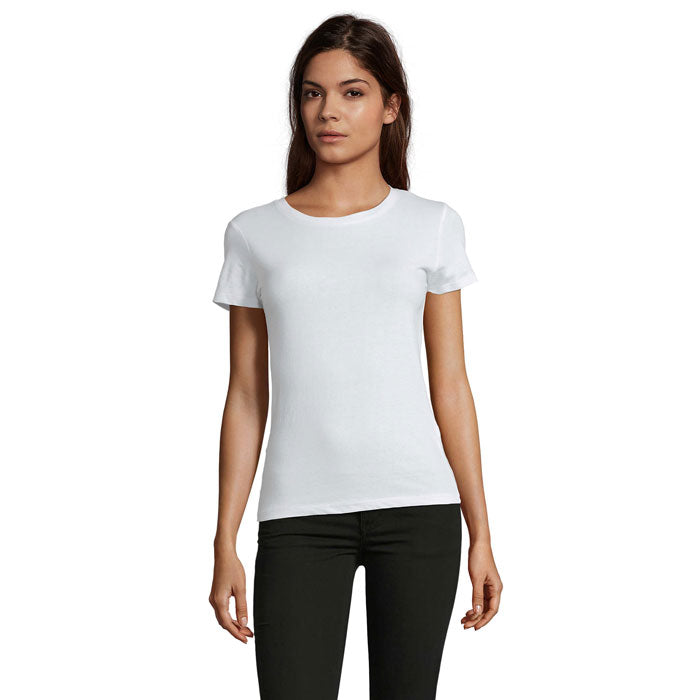 White branded fitted women's t-shirt, front view