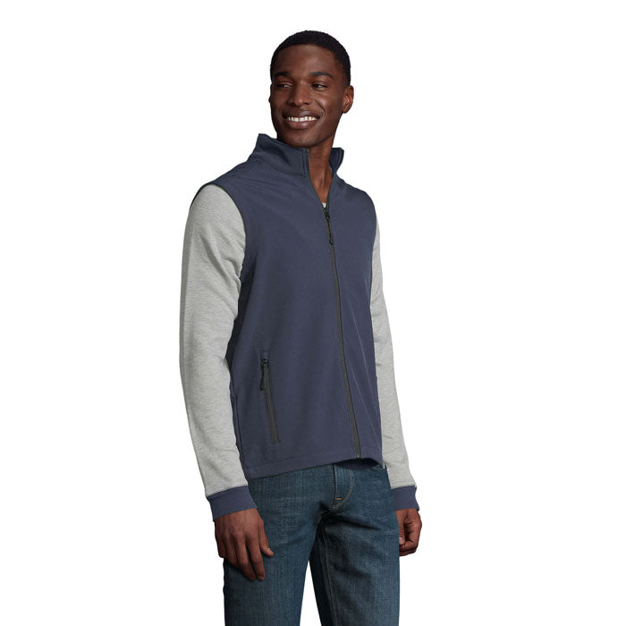 Branded men's softshell gilet, side view