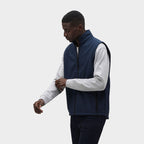 Model wearing a branded men's softshell gilet