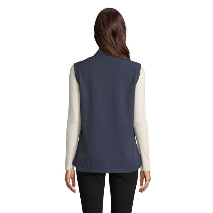 Branded women's softshell gilet, back view