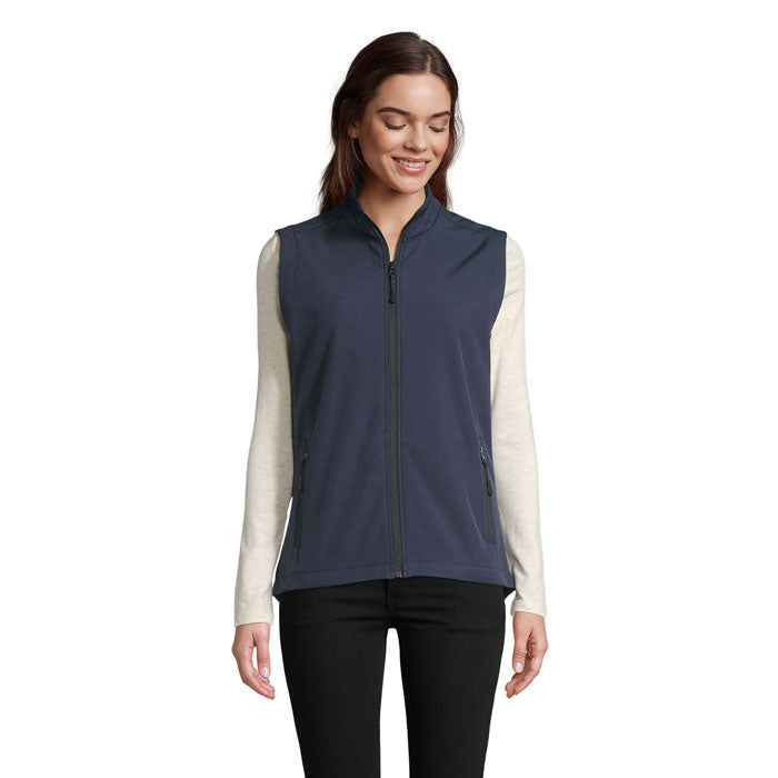 Branded women's softshell gilet, front view