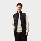 Model wearing a branded men's packable down gilet