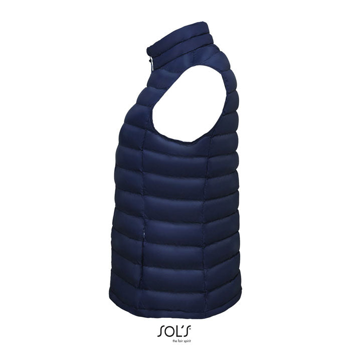 Branded women's packable down gilet, side view