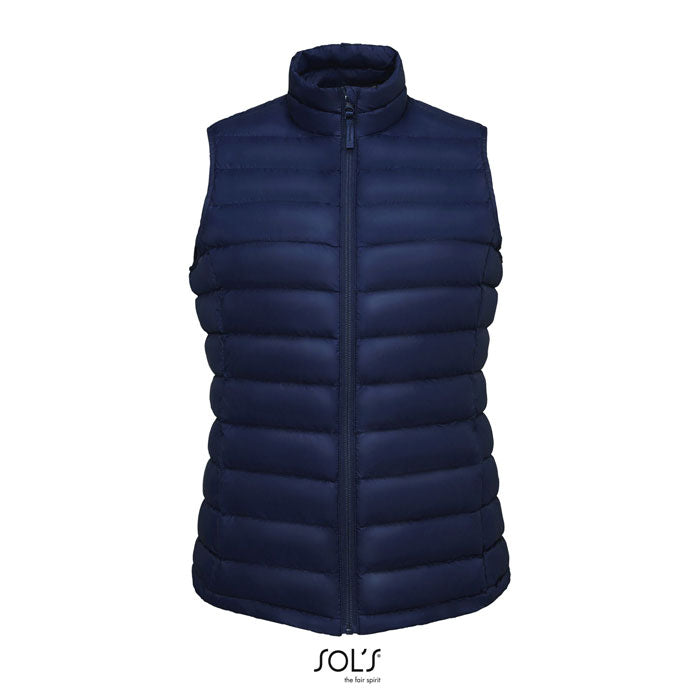 Branded women's packable down gilet, front view
