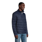 Branded men's packable down jacket, side view