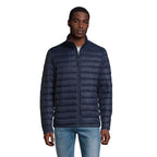 Branded men's packable down jacket, front view