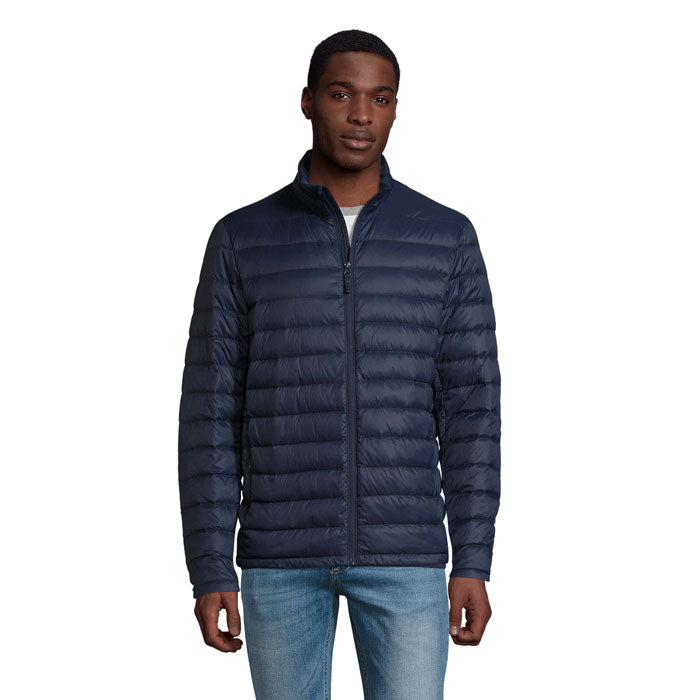 Branded men's packable down jacket, front view