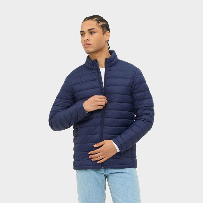 Model wearing a branded men's packable down jacket