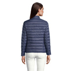 Branded women's packable down jacket, back view