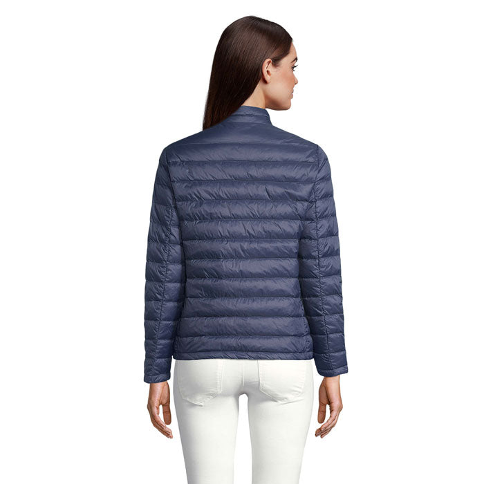 Branded women's packable down jacket, back view