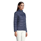 Branded women's packable down jacket, side view