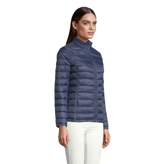 Branded women's packable down jacket, side view
