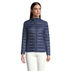Branded women's packable down jacket, front view