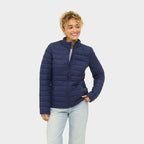 Model wearing a branded women's packable down jacket