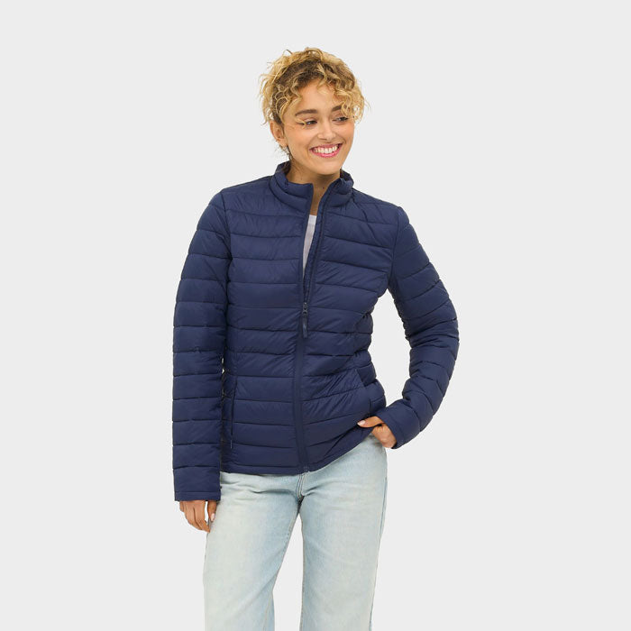 Model wearing a branded women's packable down jacket