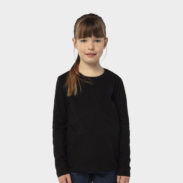 Model wearing a branded heavyweight long sleeve kids t-shirt