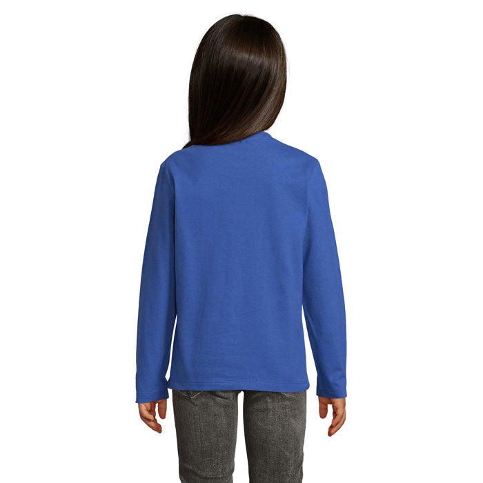 Blue branded heavyweight long sleeve kids t-shirt, back view