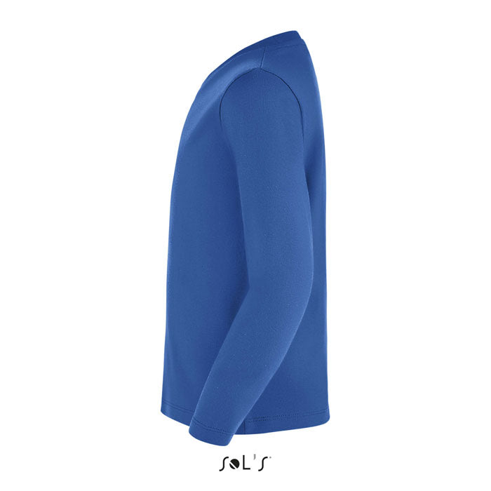Blue branded heavyweight long sleeve kids t-shirt, side view