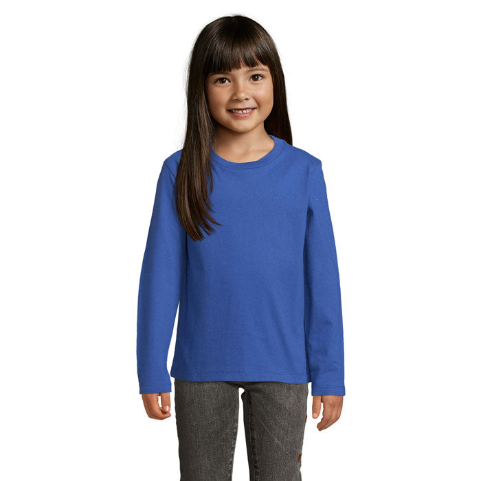 Blue branded heavyweight long sleeve kids t-shirt, front view
