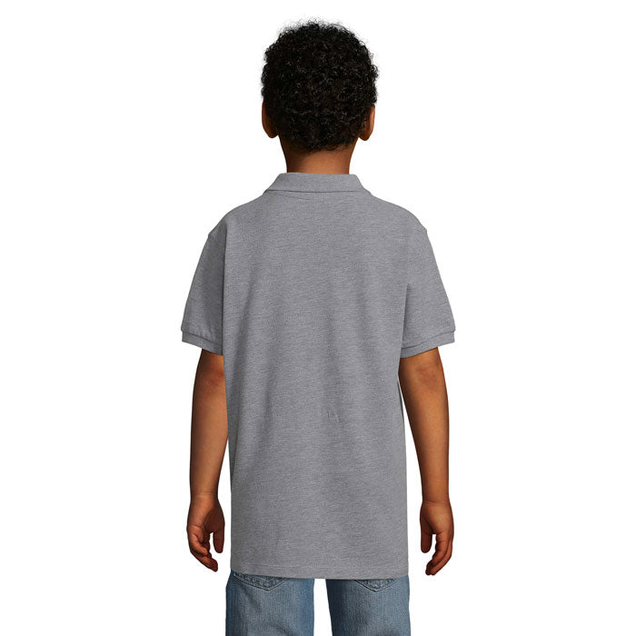 Grey premium kids polo shirt, back view