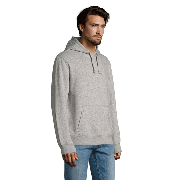 Branded brushed fleece pullover hoodie, side view