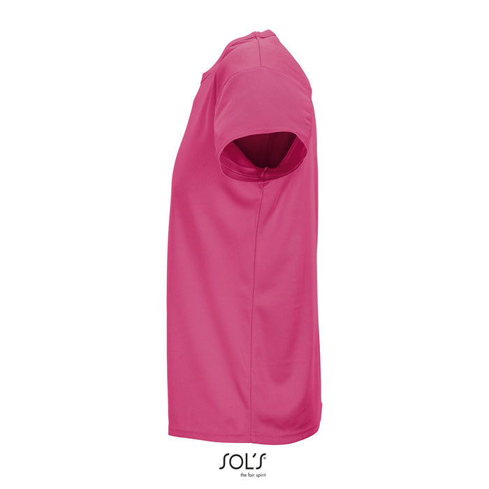 Pink branded sublimation t-shirt, side view