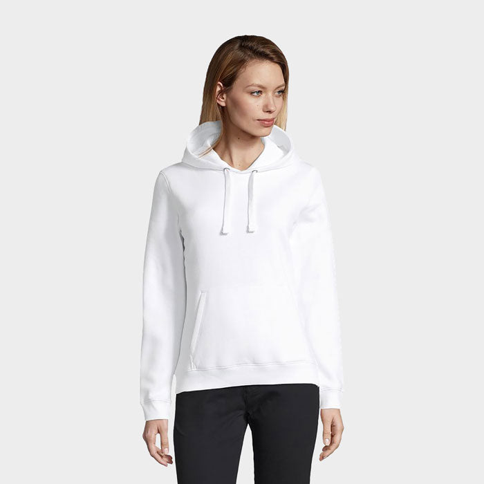 Model wearing a branded women's pullover hoodie