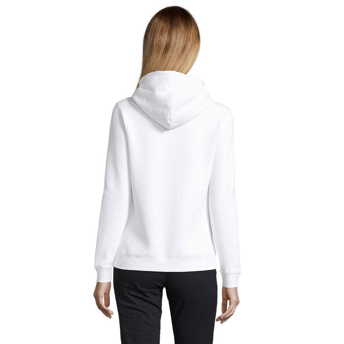 Branded women's pullover hoodie, back view