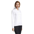 Branded women's pullover hoodie, side view